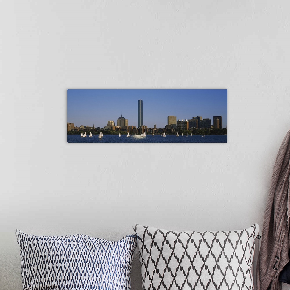 A bohemian room featuring Sailboats in a river with buildings in the background, Charles River, John Hancock Tower, Boston,...