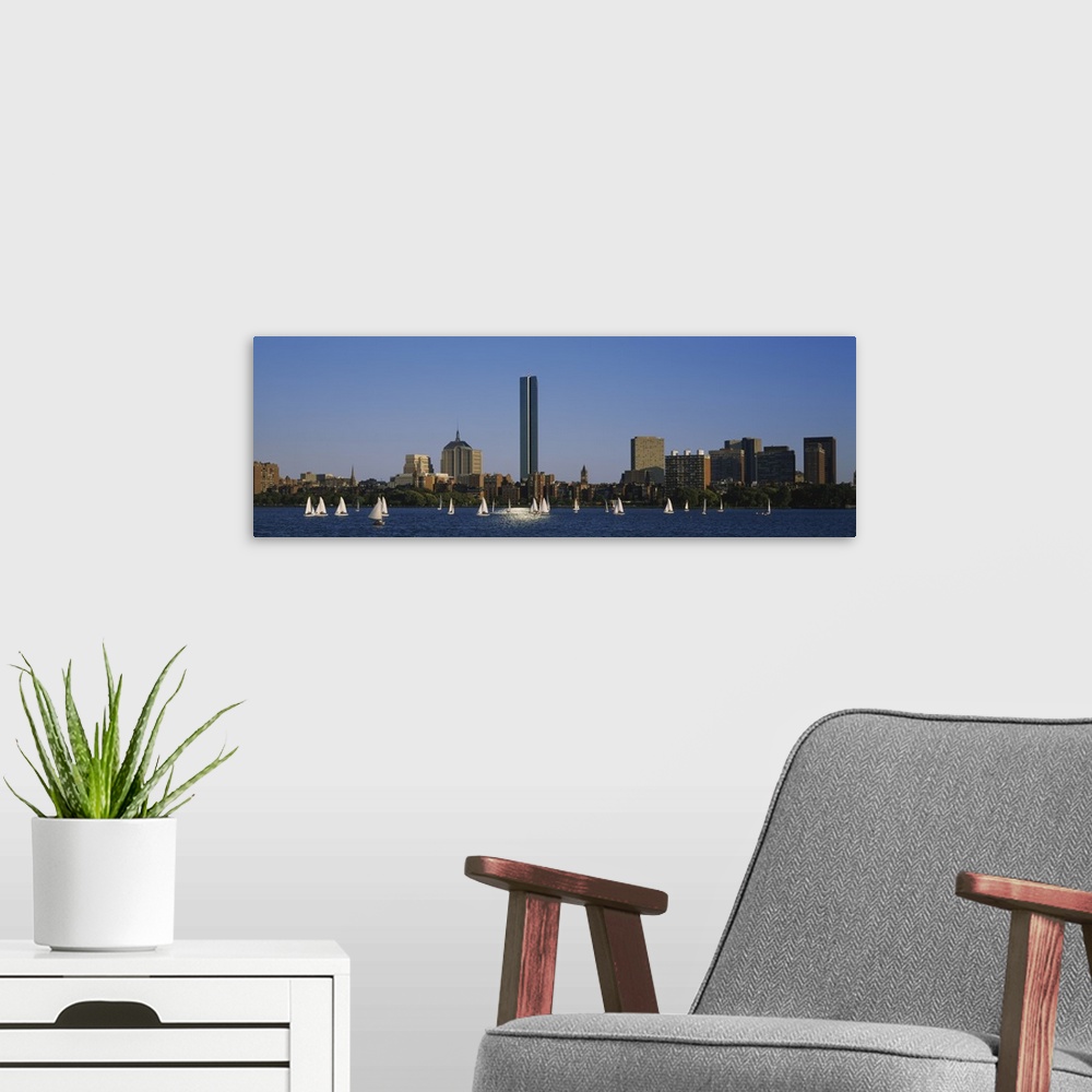 A modern room featuring Sailboats in a river with buildings in the background, Charles River, John Hancock Tower, Boston,...