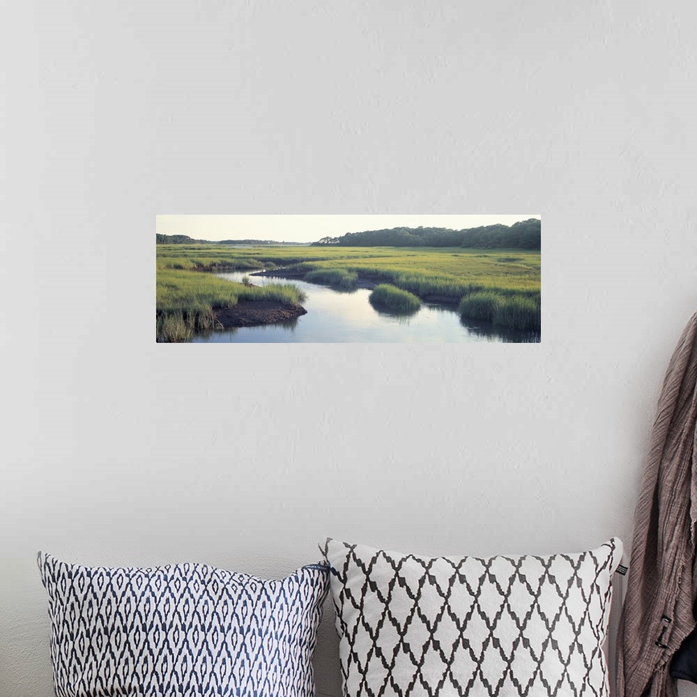 A bohemian room featuring Long horizontal photo on canvas of a river running through a marshy landscape.