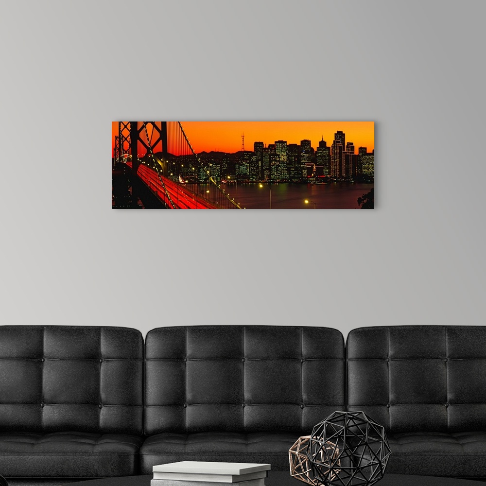 A modern room featuring Panoramic photograph shows a large overpass near the coast of the Western United States brightly ...