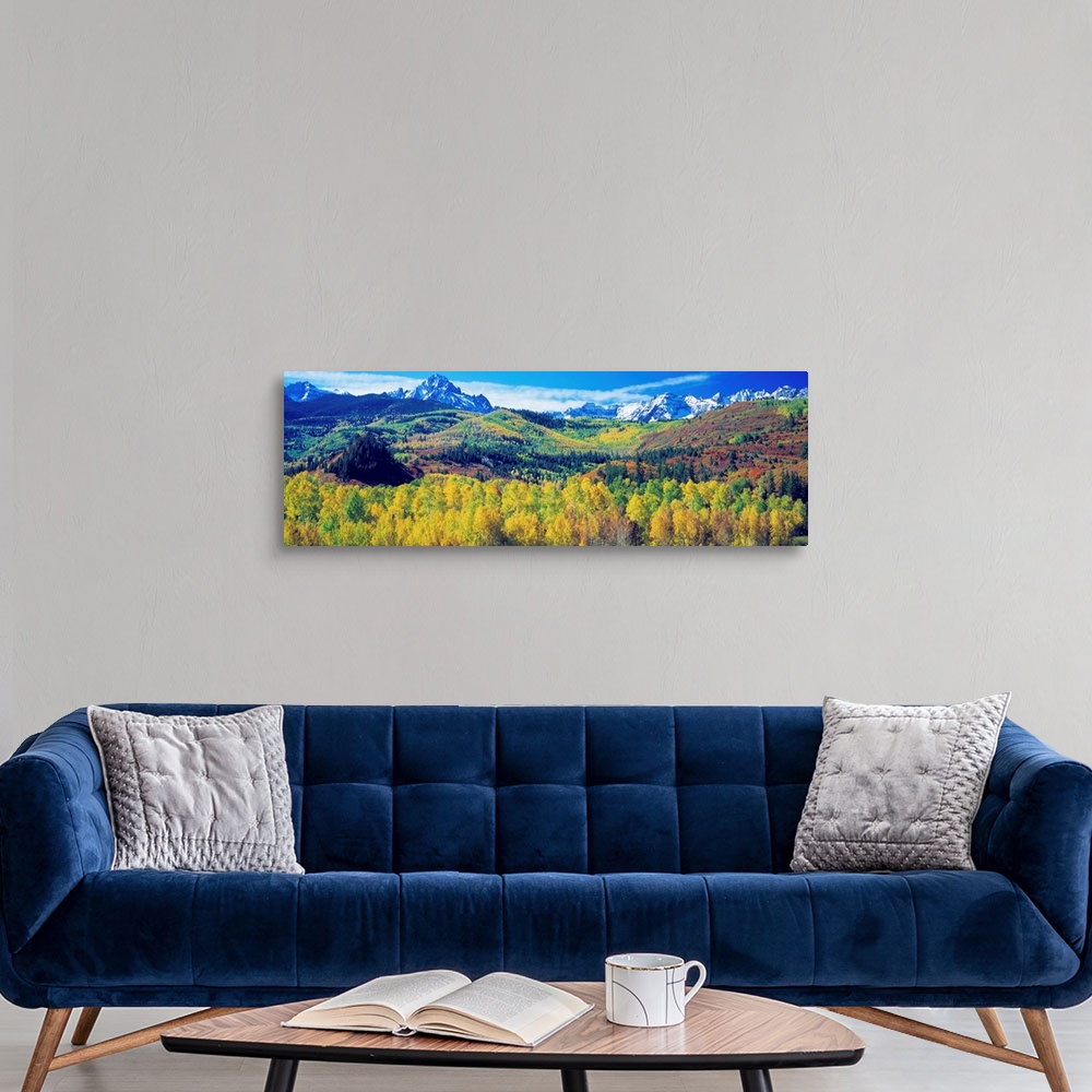 A modern room featuring Panoramic photograph showcases forests filled with vibrantly colored trees spread out over rollin...