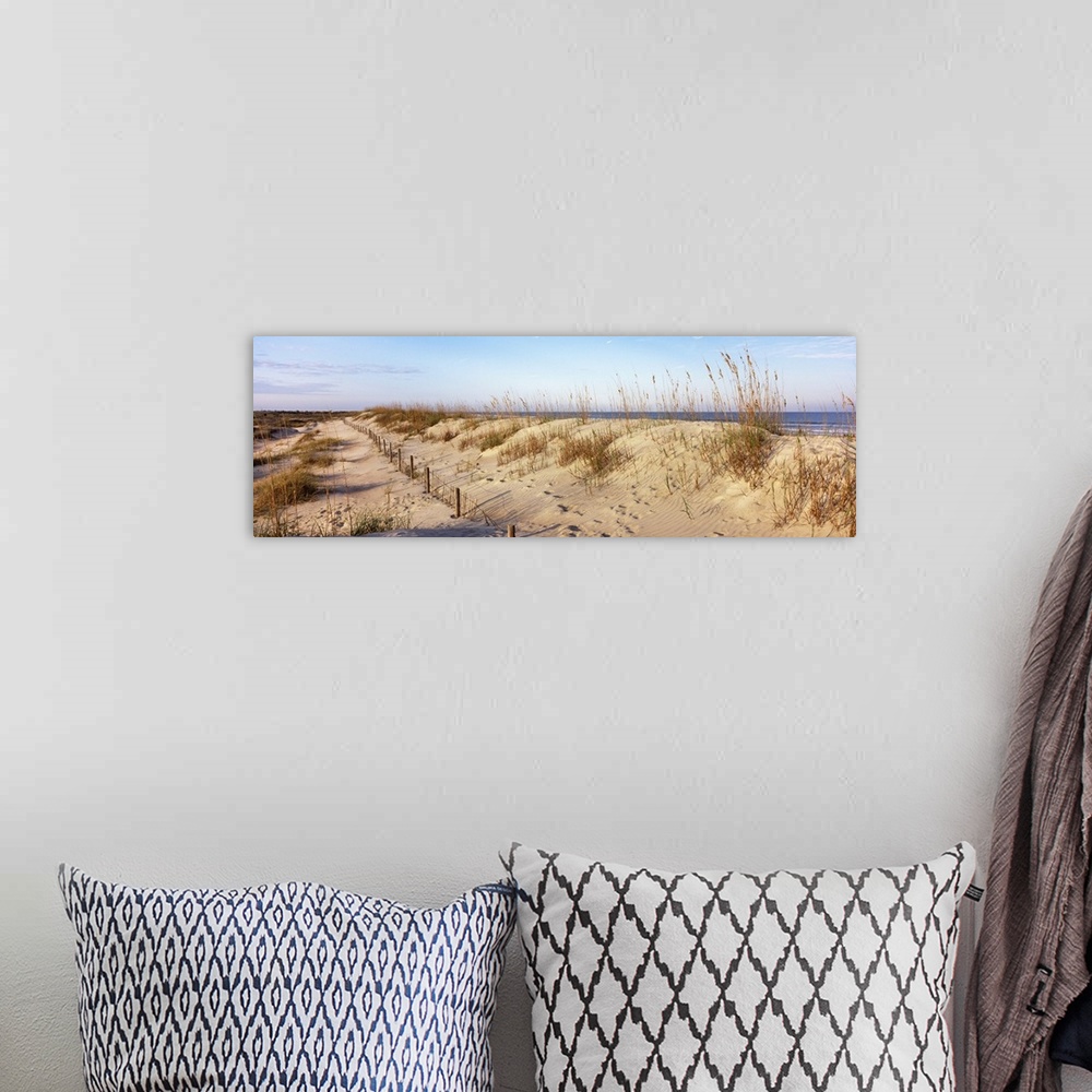 A bohemian room featuring Large horizontal photograph of grassy sand dunes on a beach at the Anastasia State Recreation Are...
