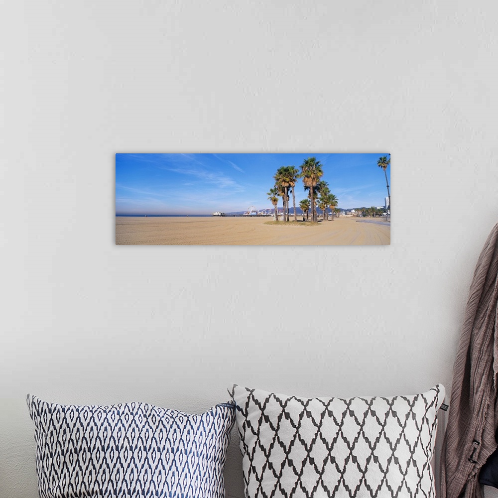 A bohemian room featuring Wide angle photograph taken on a sunny day of Santa Monica beach with a patch of palm trees towar...