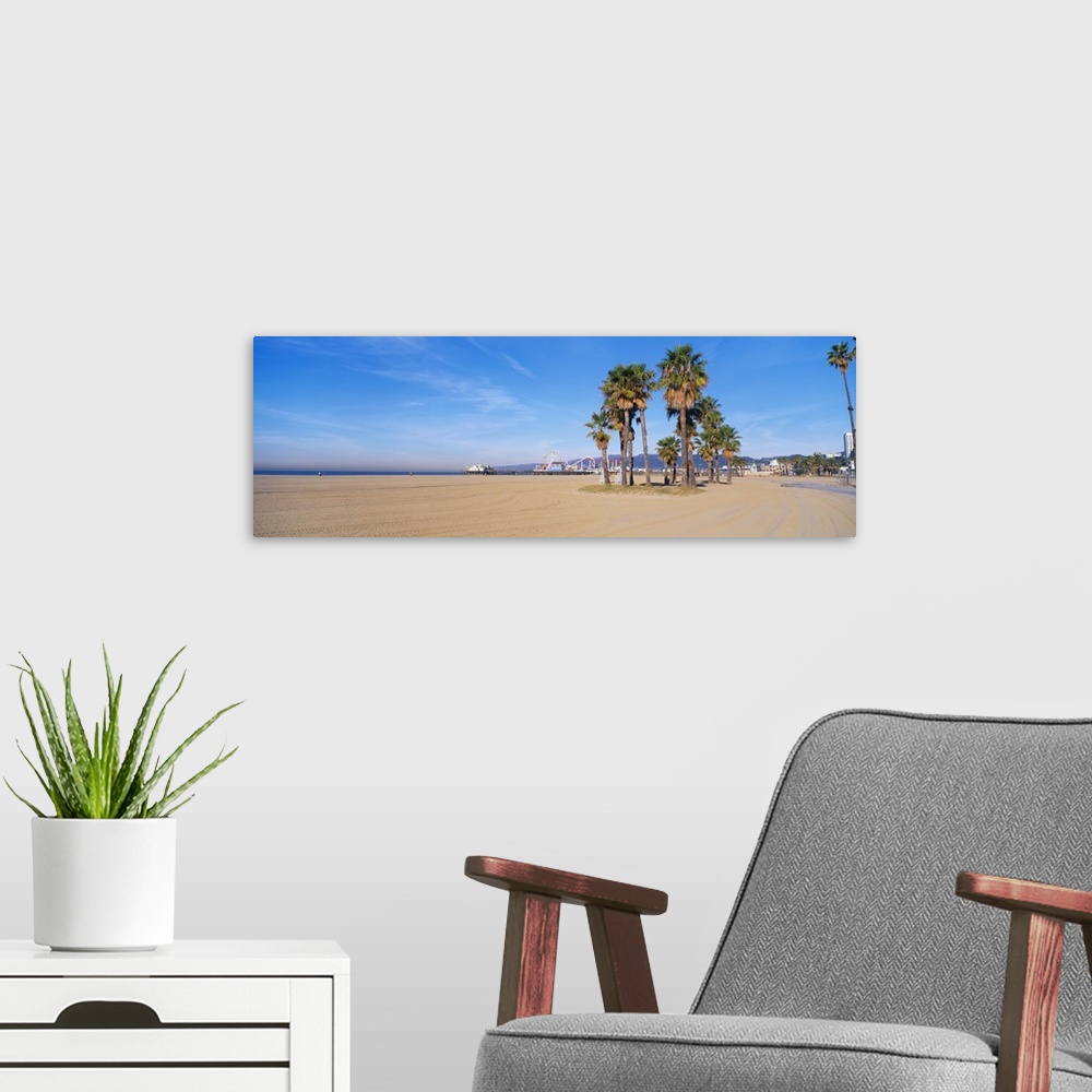 A modern room featuring Wide angle photograph taken on a sunny day of Santa Monica beach with a patch of palm trees towar...