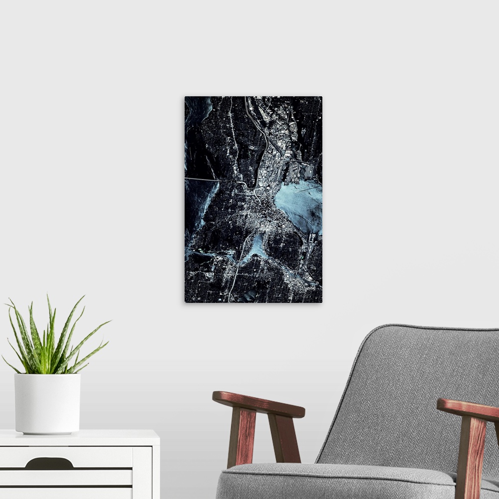 A modern room featuring Satellite view of Seattle, Washington State, USA
