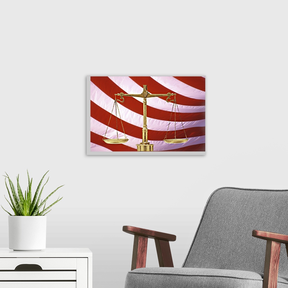 A modern room featuring Scales of Justice American Flag