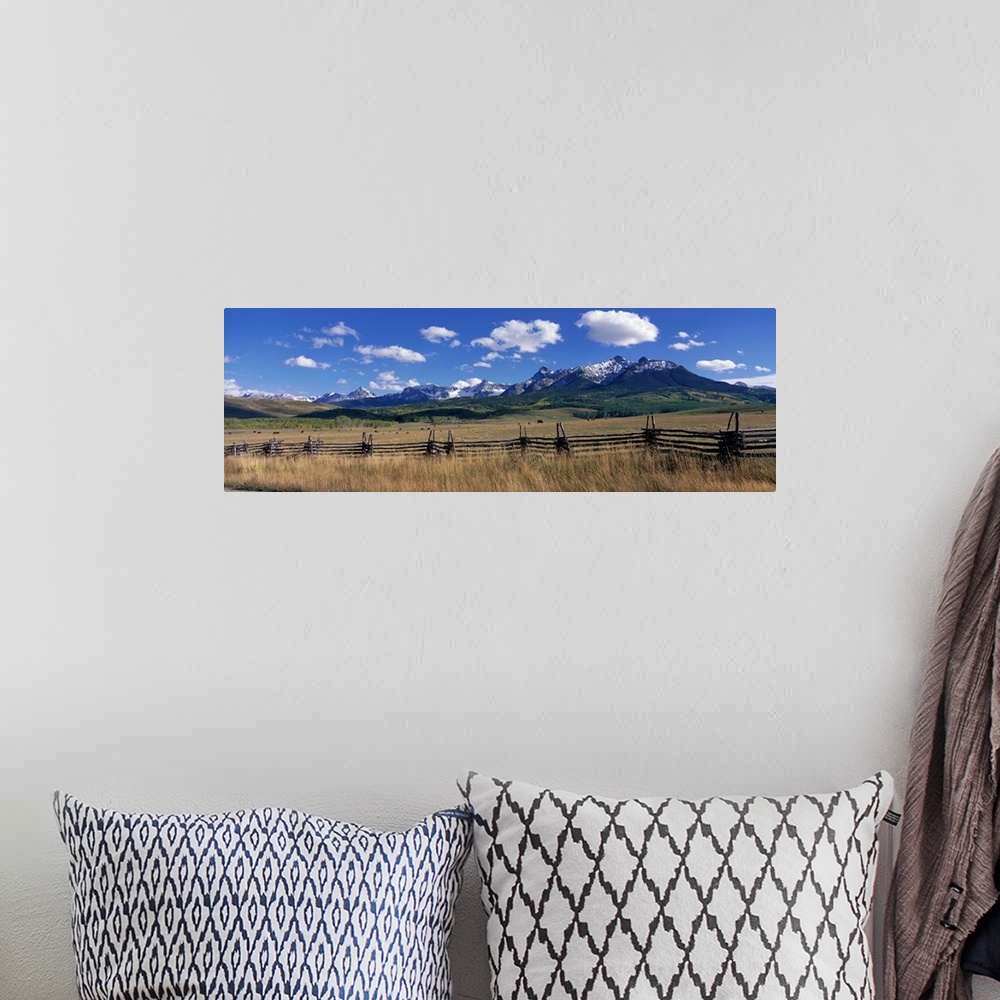 A bohemian room featuring Horizontal, large photograph of a distant mountain range beneath a bright blue sky, cattle grazin...