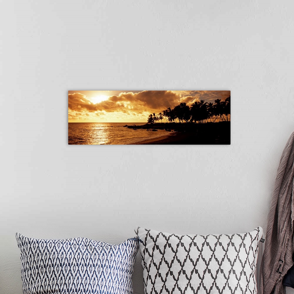 A bohemian room featuring A panoramic photograph of palm trees lining the shore of a tropical beach as the sun sinks behind...