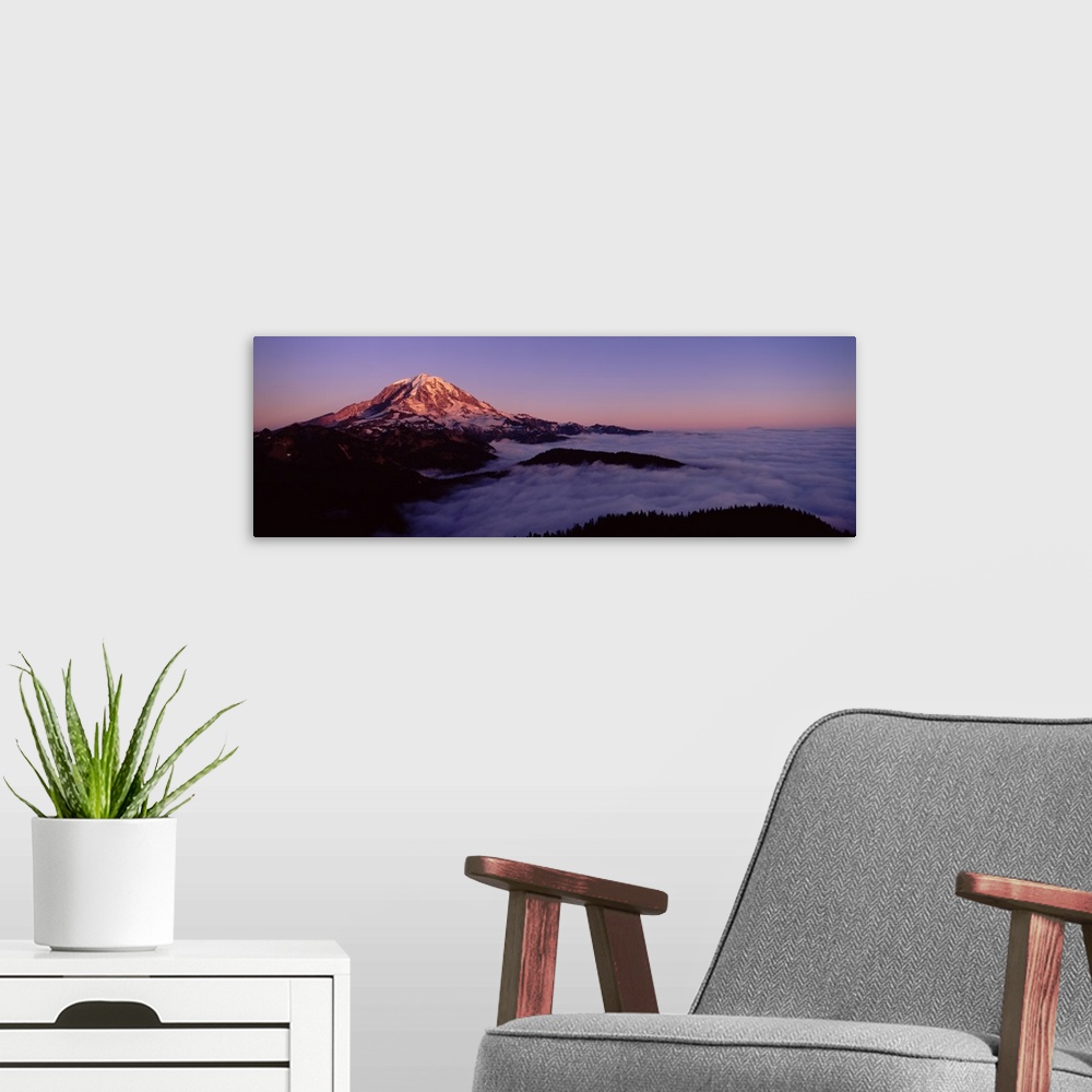 A modern room featuring Sea of clouds with mountains in the background, Mt Rainier, Pierce County, Washington State,