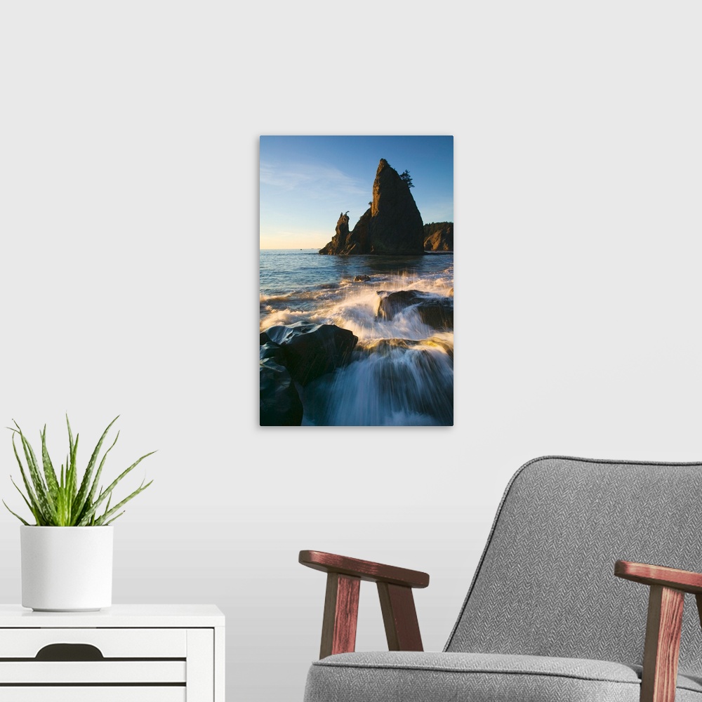 A modern room featuring Sea stack and ocean surf on rocky Rialto Beach, Olympic National Park, Washington