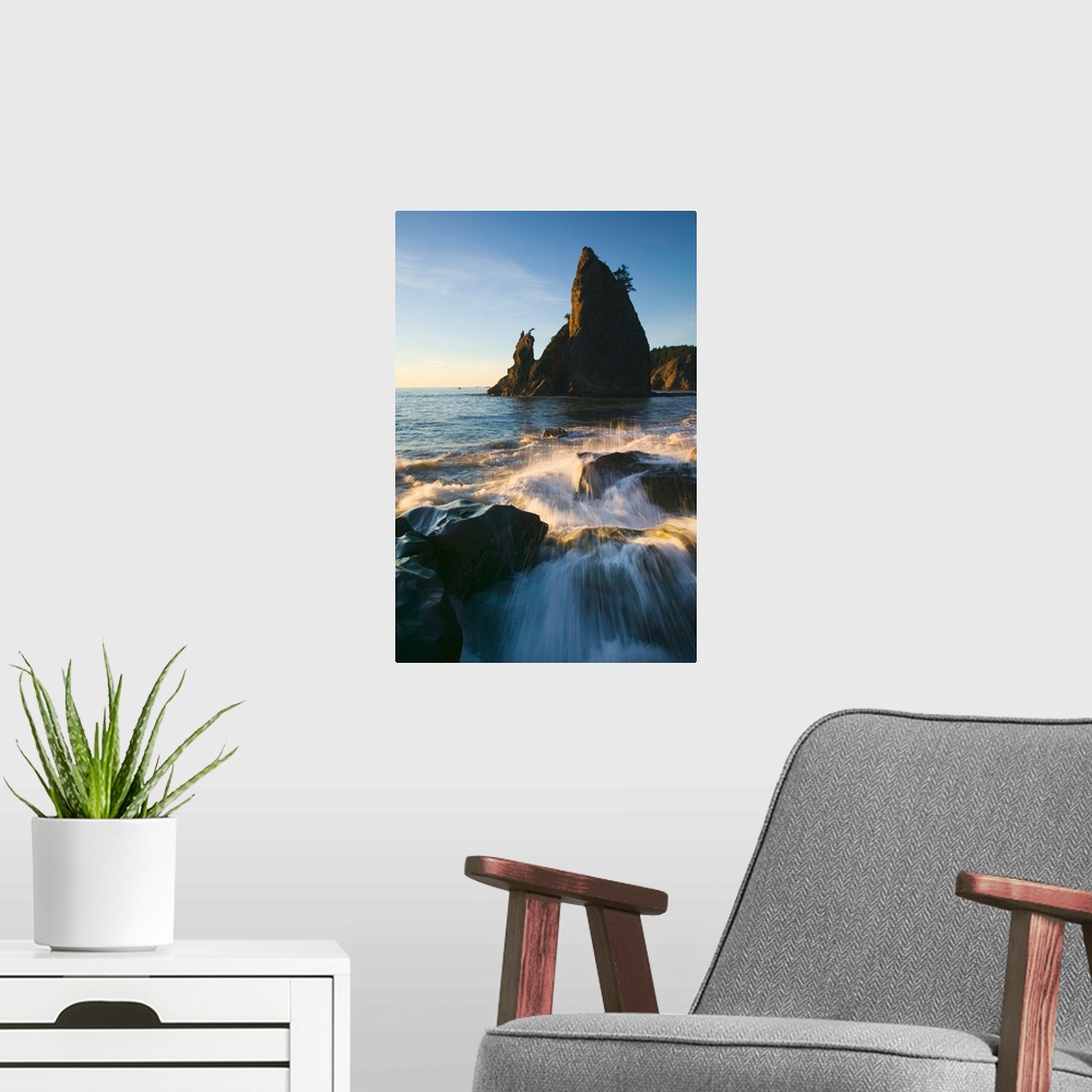 A modern room featuring Sea stack and ocean surf on rocky Rialto Beach, Olympic National Park, Washington