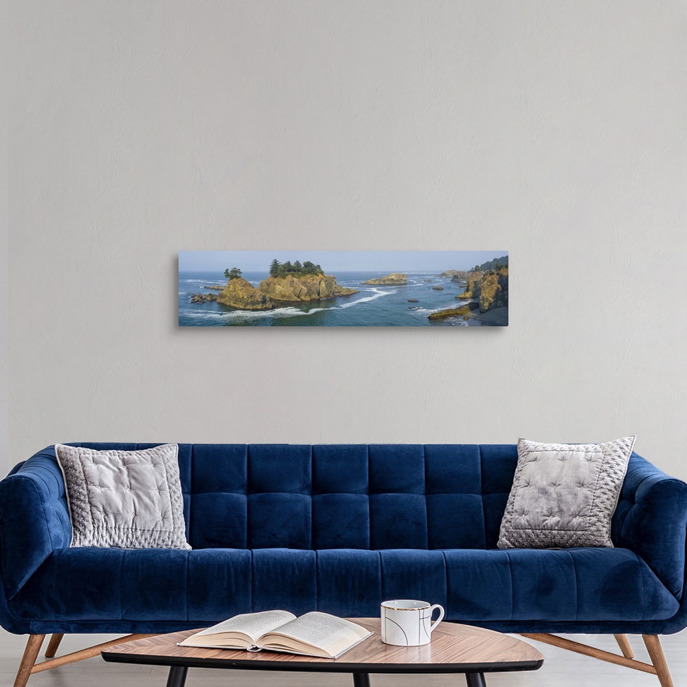 A modern room featuring Seastacks and flagged trees seen from Thunder Cove on the Pacific Coast, Brookings, Curry County,...