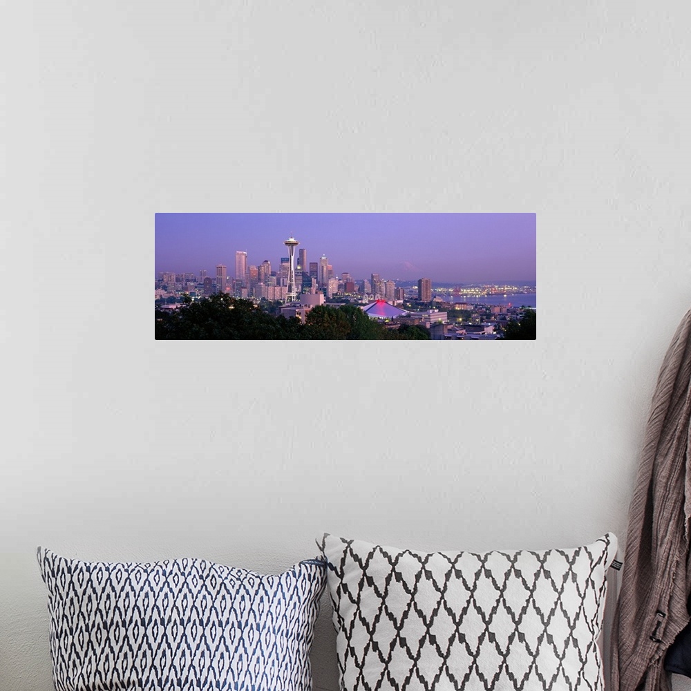 A bohemian room featuring Panoramic view of the Seattle, Washington skyline in the early evening, with the Space needle cle...