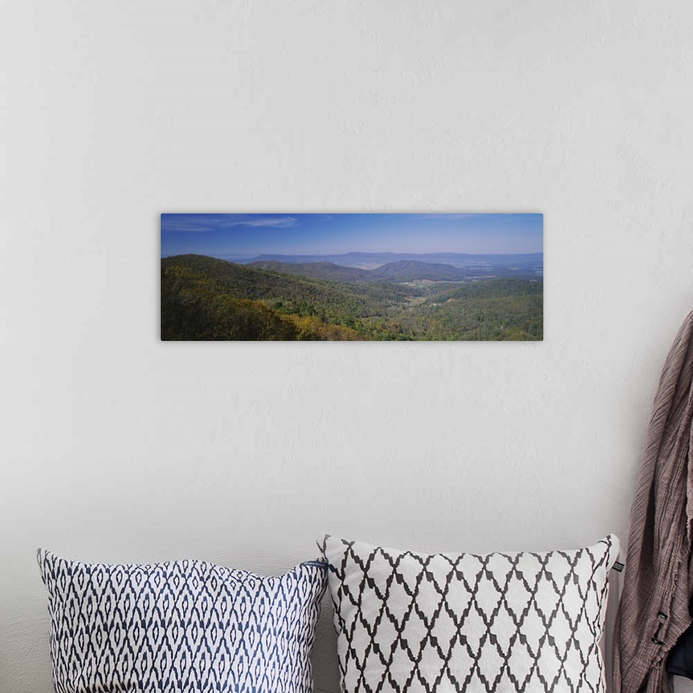 A bohemian room featuring Panoramic view of the sprawling forest over the hilly landscape of Virginia on a clear, sunny day.