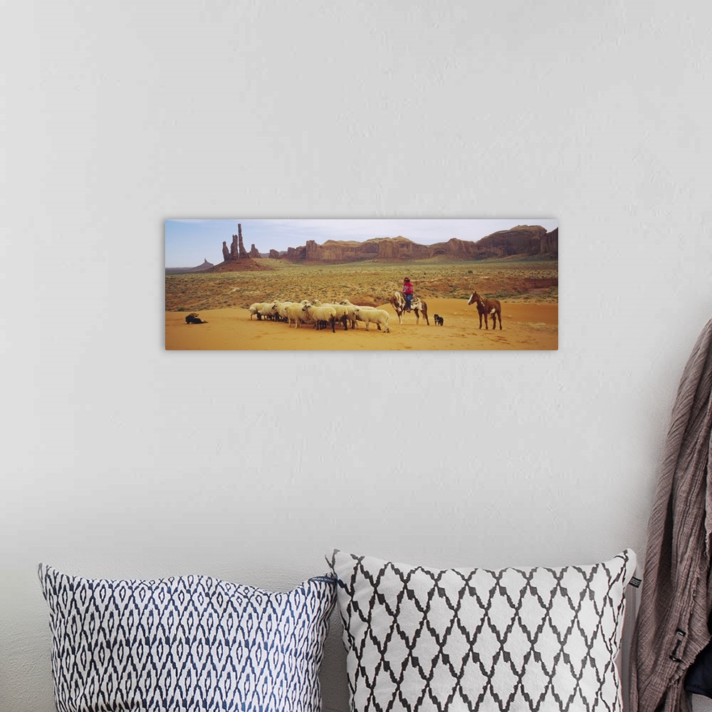 A bohemian room featuring Shepherd herding a flock of sheep, Monument Valley Tribal Park