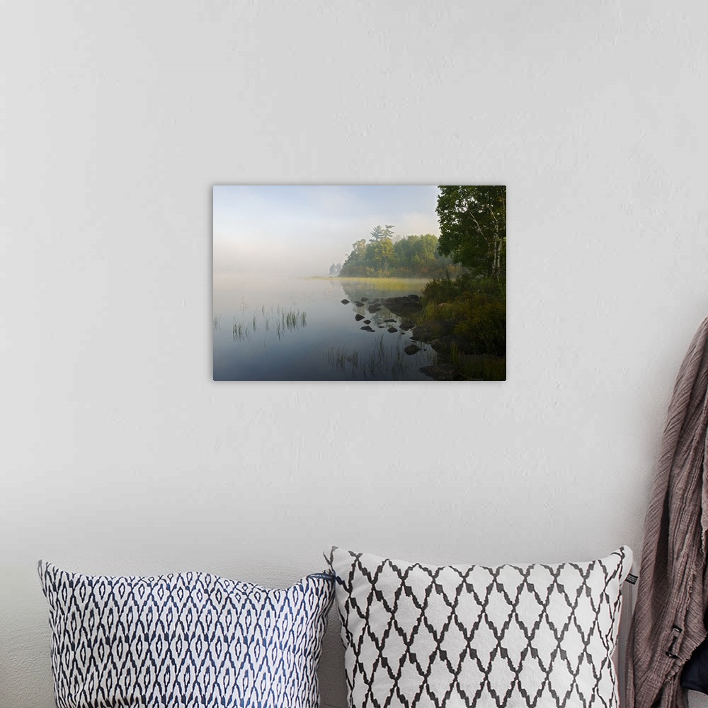 A bohemian room featuring Photograph of fog filled marsh lined with trees and a rocky shoreline.