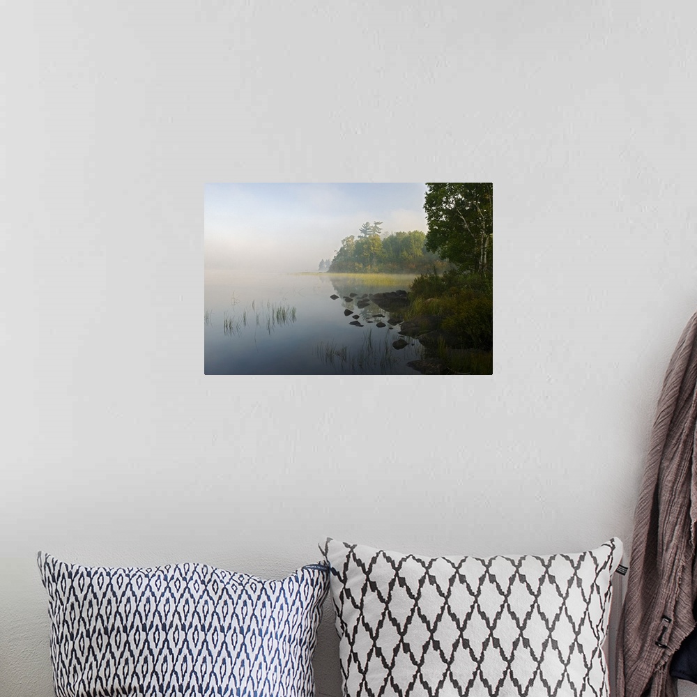 A bohemian room featuring Photograph of fog filled marsh lined with trees and a rocky shoreline.