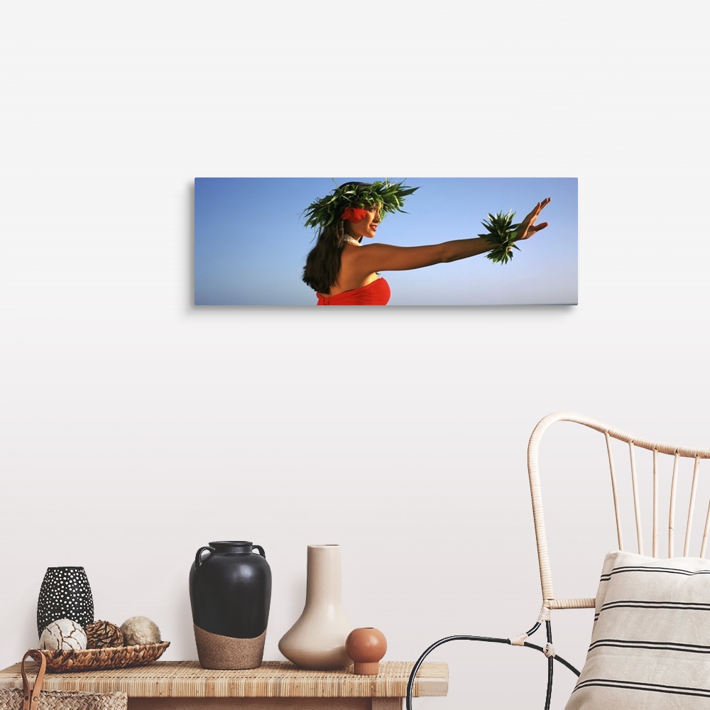 A farmhouse room featuring Side profile of a Hula dancer dancing, Hawaii