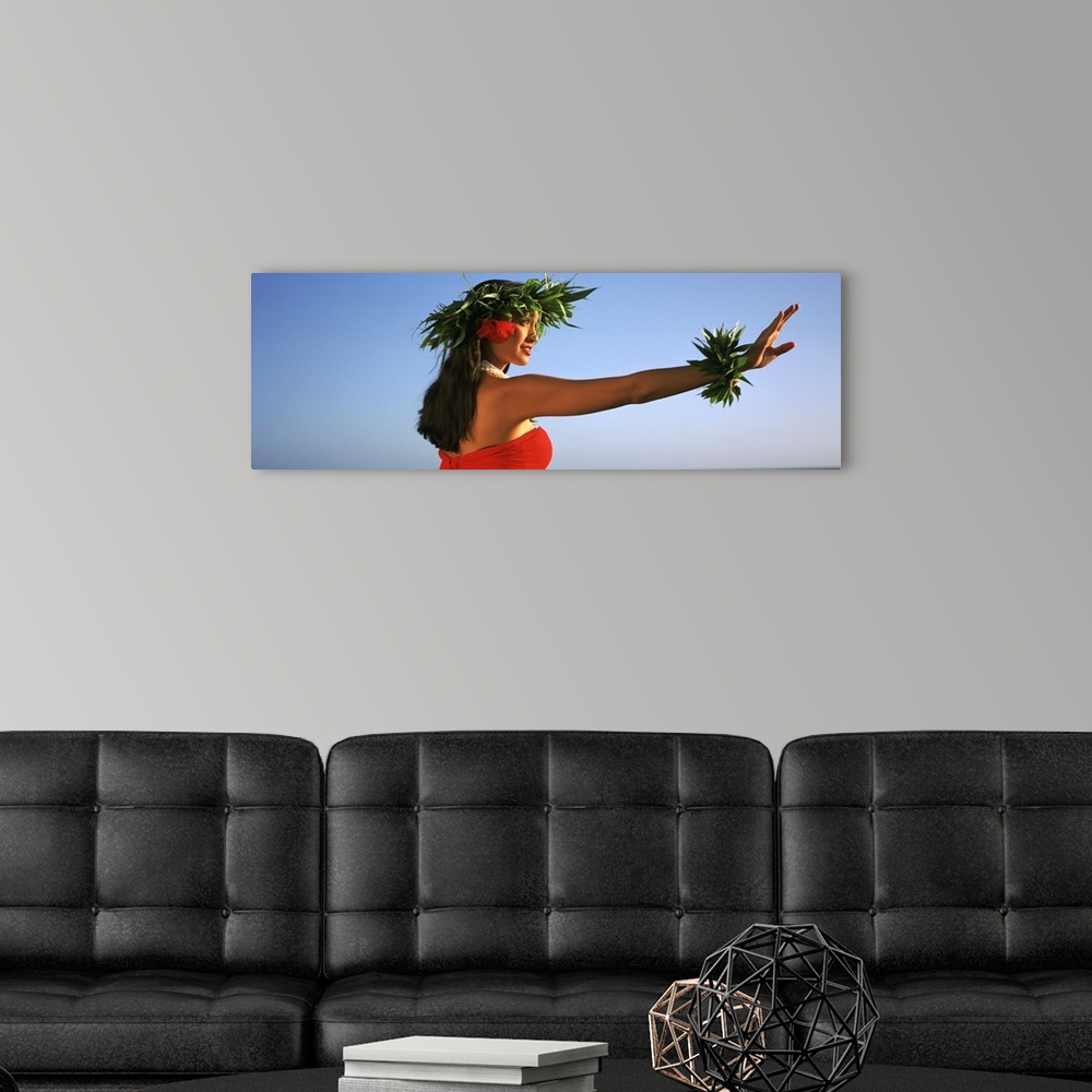 A modern room featuring Side profile of a Hula dancer dancing, Hawaii