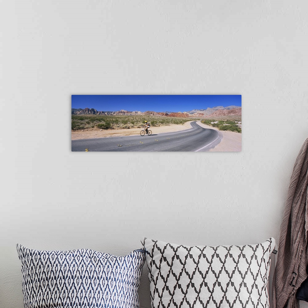 A bohemian room featuring Side profile of a person cycling on a road, Red Rock Canyon National Conservation Area, Clark Cou...