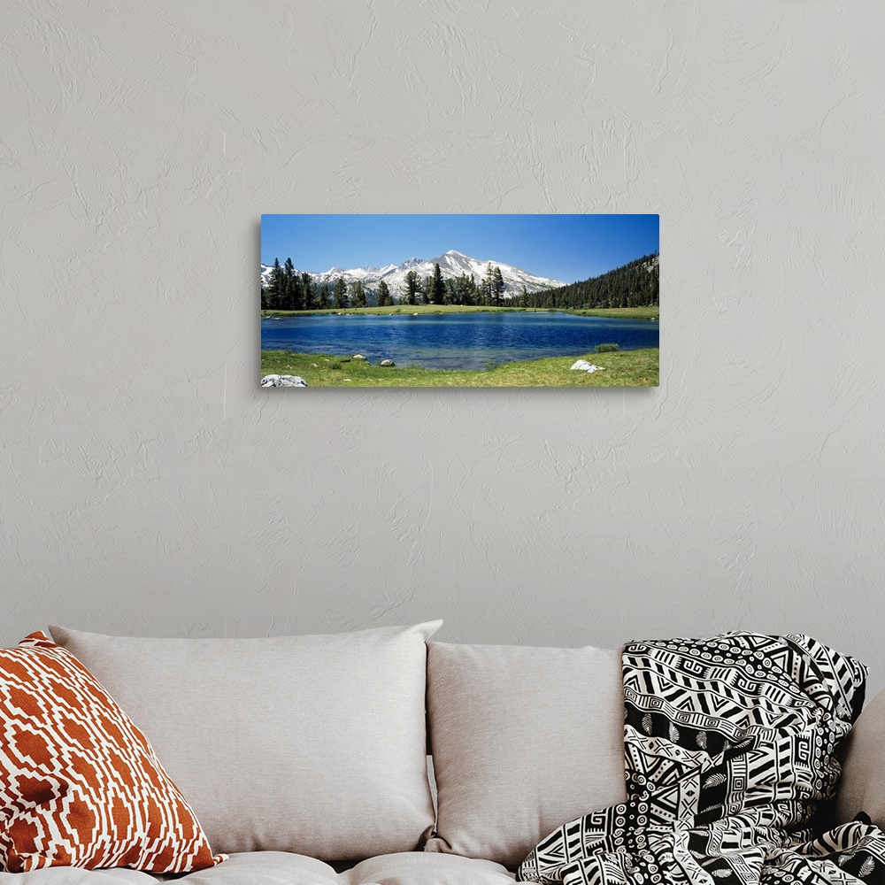 A bohemian room featuring Big canvas photo of a lake with snow covered mountains in the distance.