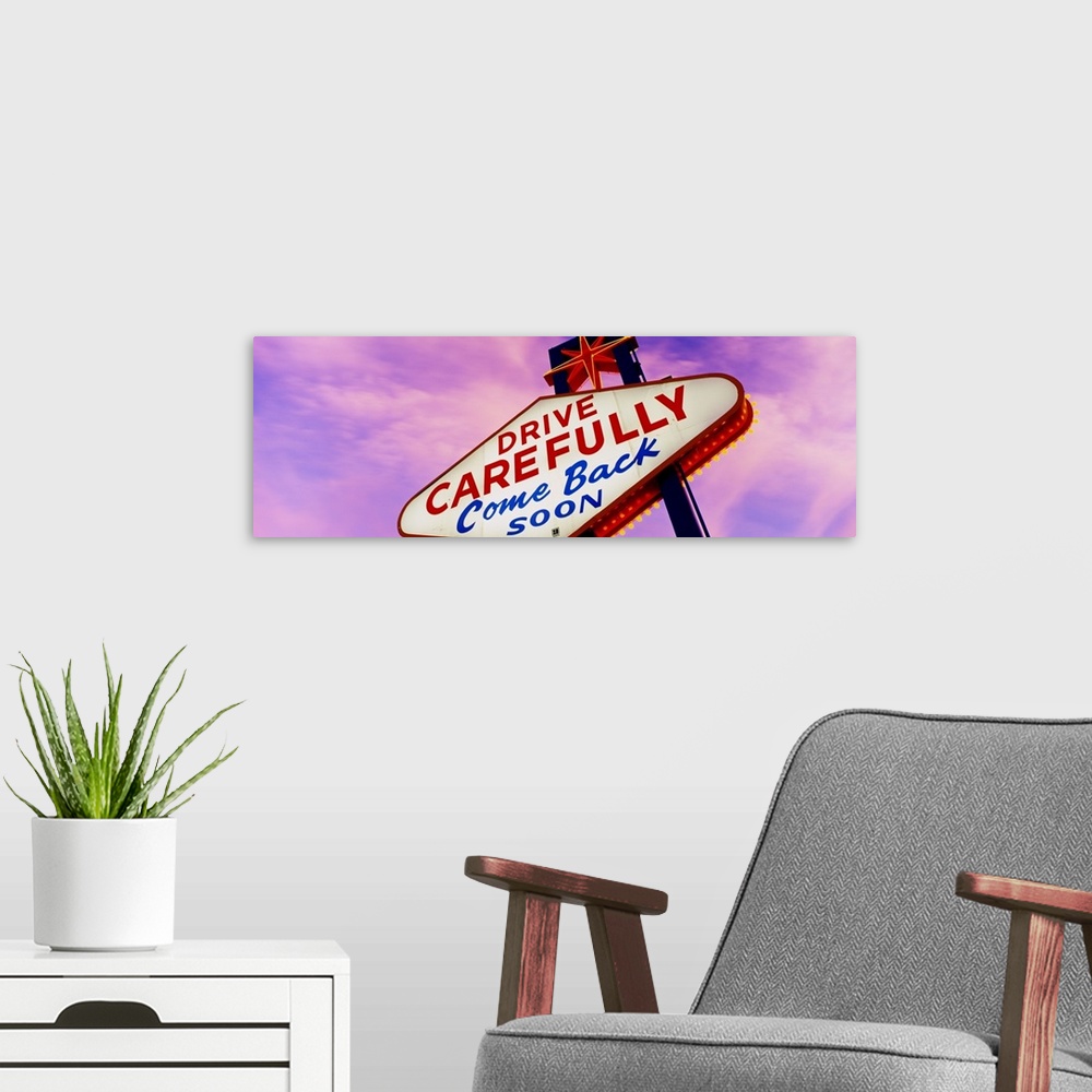 A modern room featuring Panoramic photo on canvas of a come back soon sign in Las Vegas.