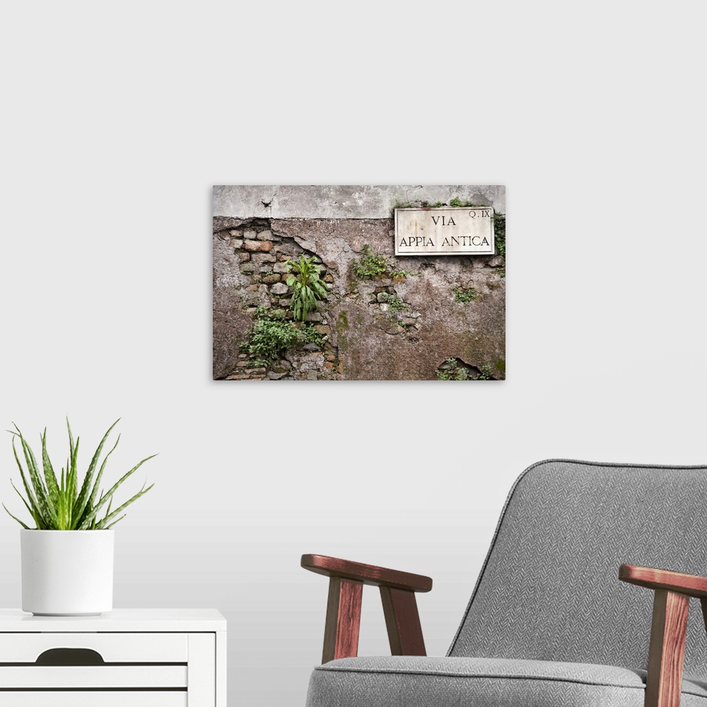 A modern room featuring Signboard on a weathered wall, Appian Way, Rome, Lazio, Italy