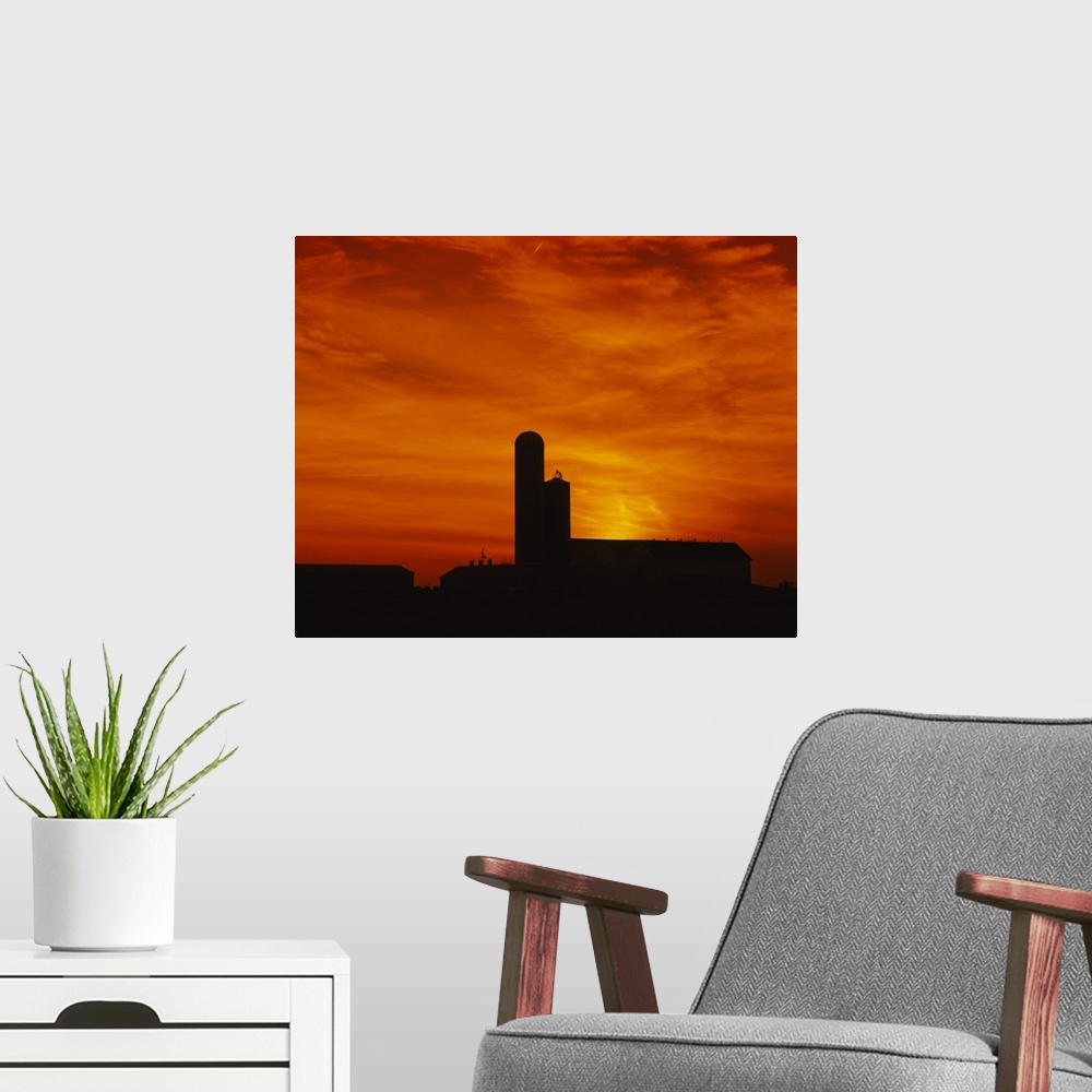 A modern room featuring Silhouette of a barn and a silo at sunset, Pennsylvania