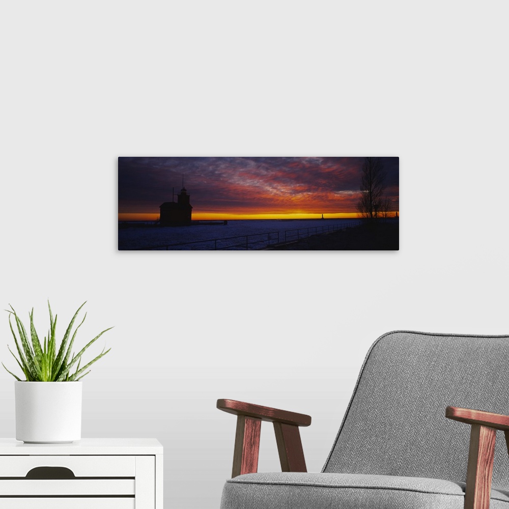 A modern room featuring Silhouette of a light house at sunset, Big Red Lighthouse, Holland, Michigan