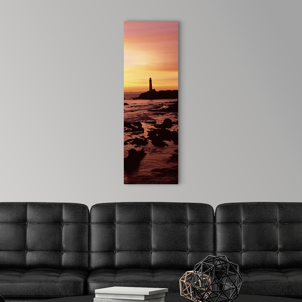 A modern room featuring Silhouette of a lighthouse at sunset, Pigeon Point Lighthouse, San Mateo County, California,