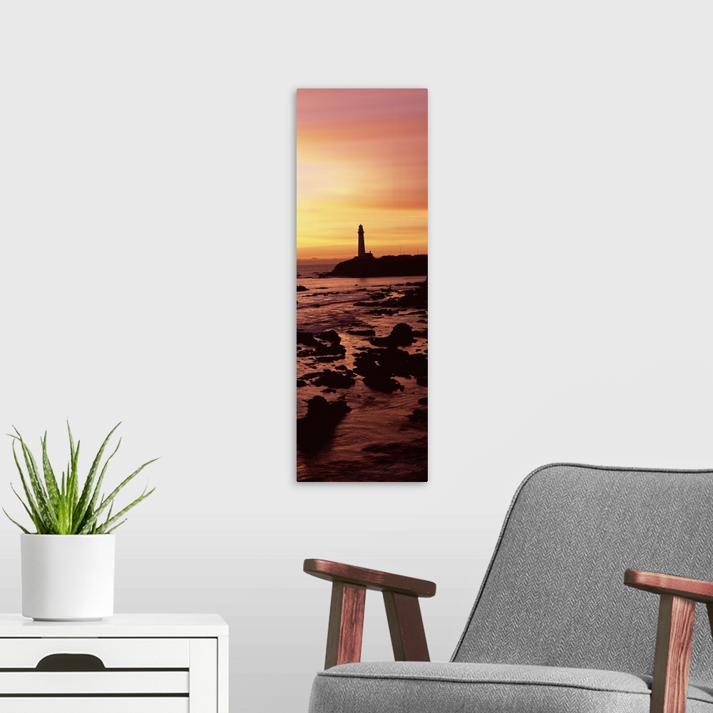 A modern room featuring Silhouette of a lighthouse at sunset, Pigeon Point Lighthouse, San Mateo County, California,