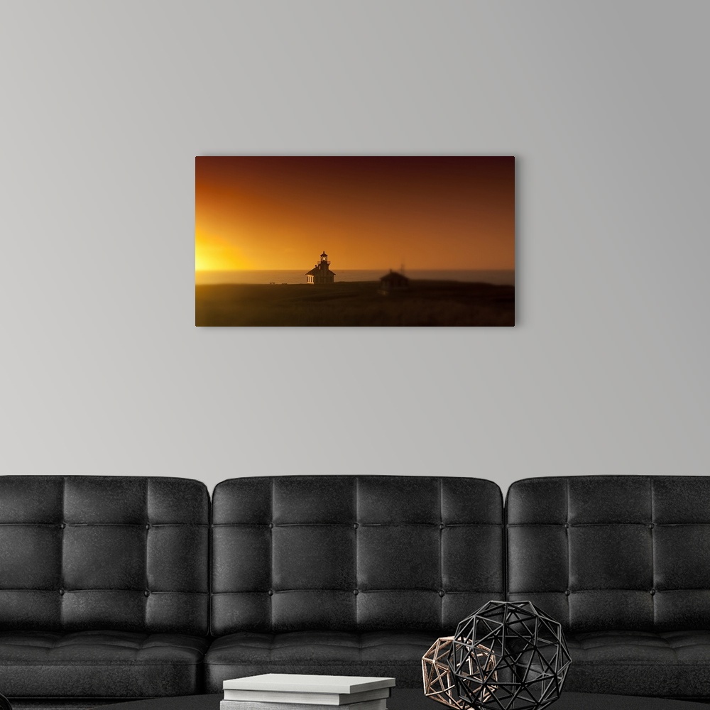 A modern room featuring Silhouette of a lighthouse at sunset, Point Cabrillo Light, Fort Bragg, Mendocino County, California