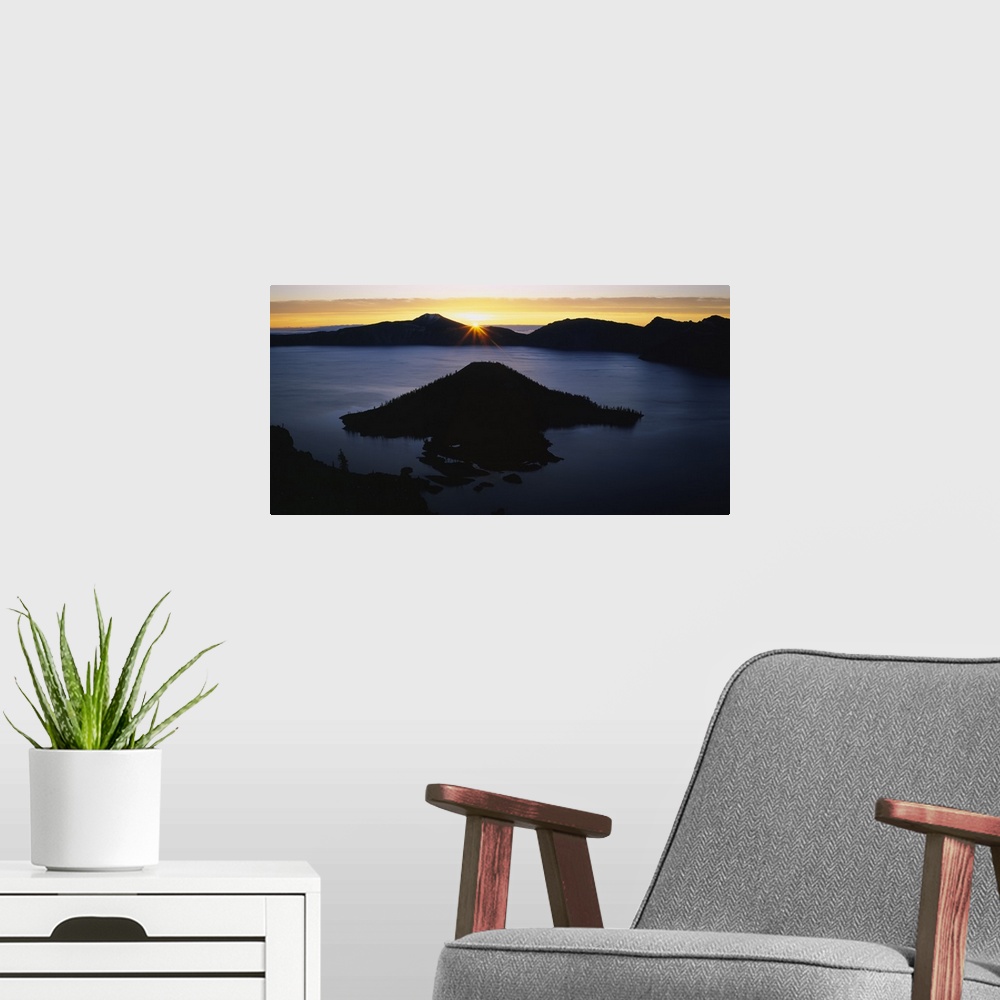A modern room featuring Silhouette of an island in a lake, Wizard Island, Crater Lake, Crater Lake National Park, Oregon