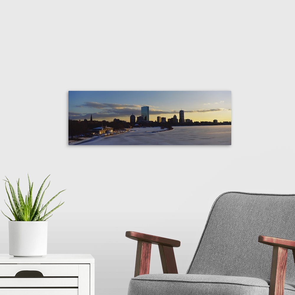 A modern room featuring Silhouette of buildings at dusk, Boston, Massachusetts