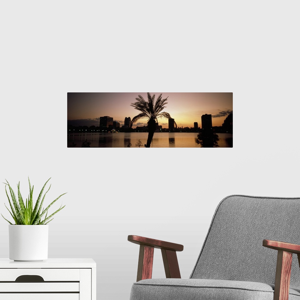 A modern room featuring Silhouette of buildings at the waterfront, Lake Eola, Summerlin Park, Orlando, Orange County, Flo...