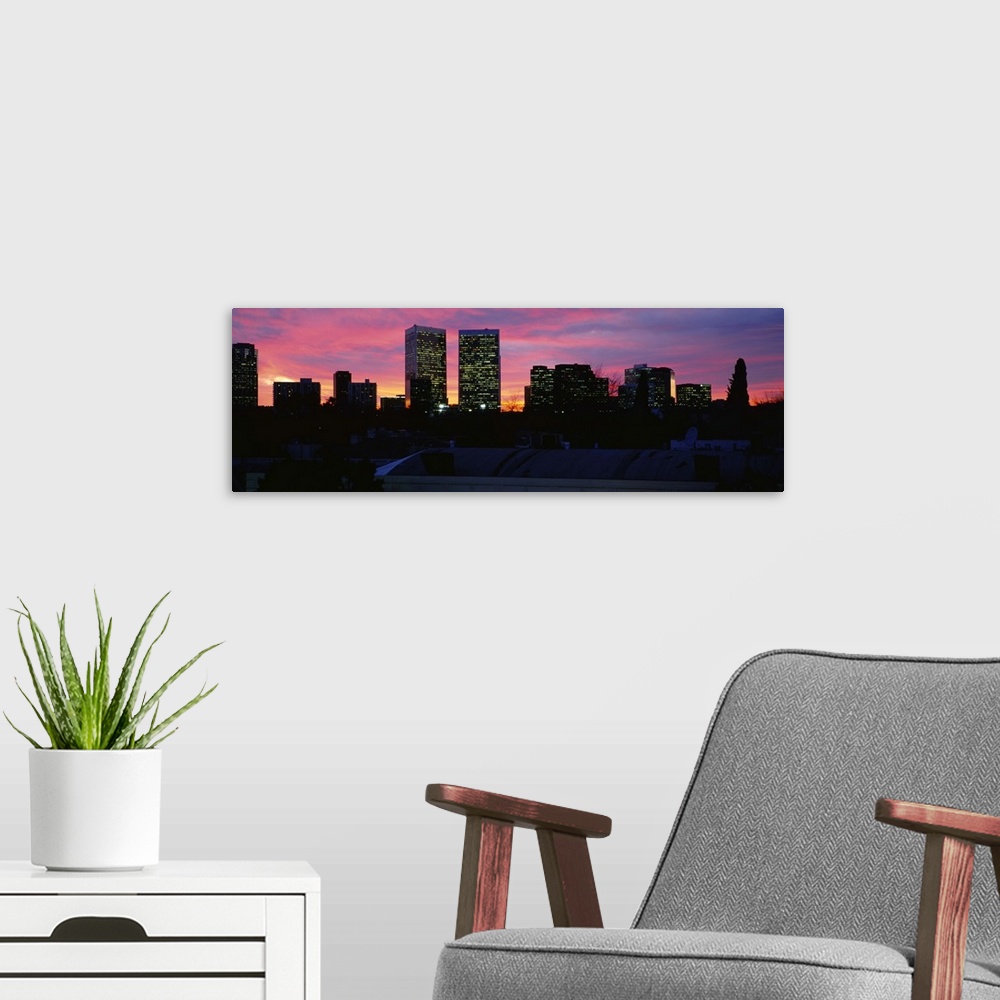 A modern room featuring Silhouette of buildings in a city, Century City, City of Los Angeles, California