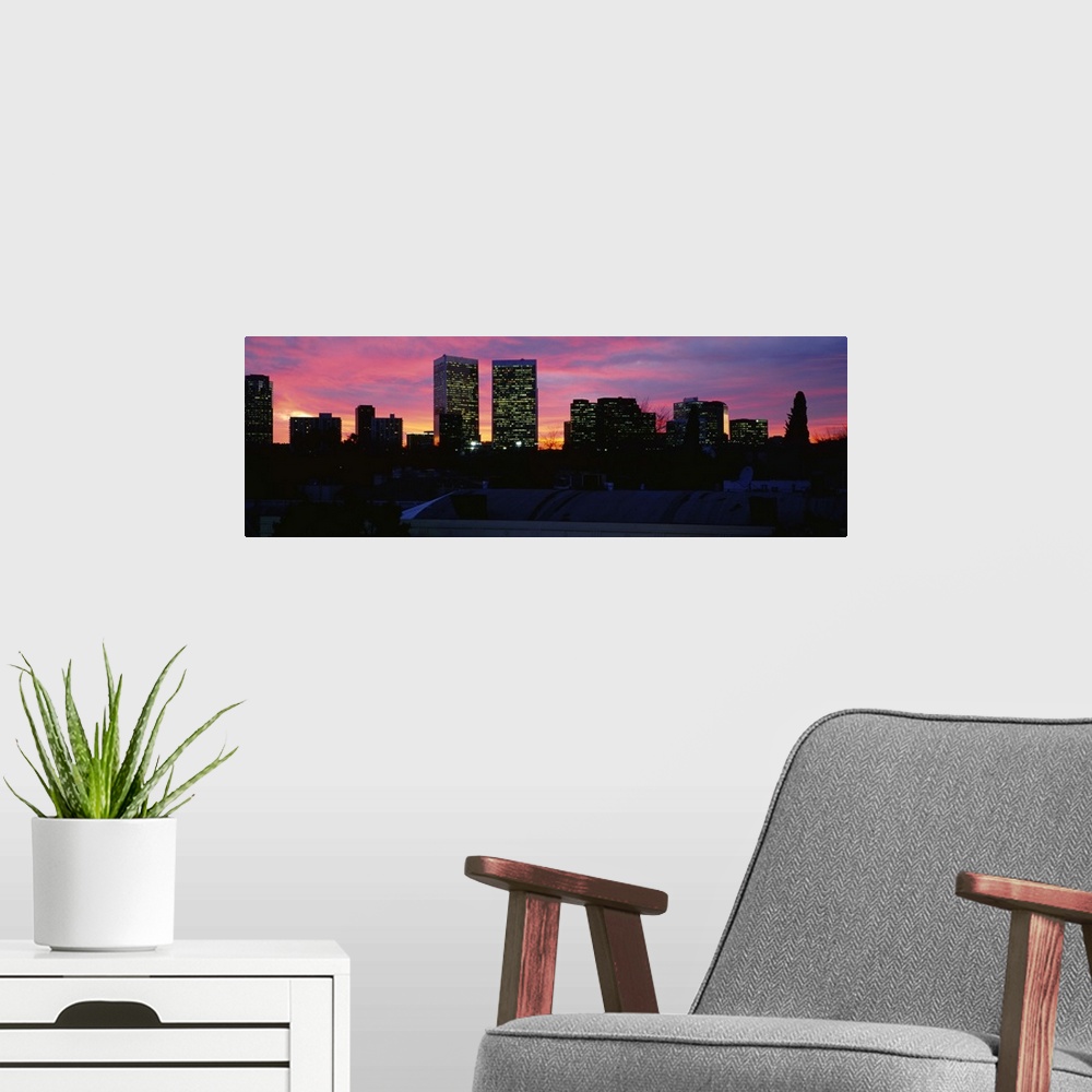 A modern room featuring Silhouette of buildings in a city, Century City, City of Los Angeles, California