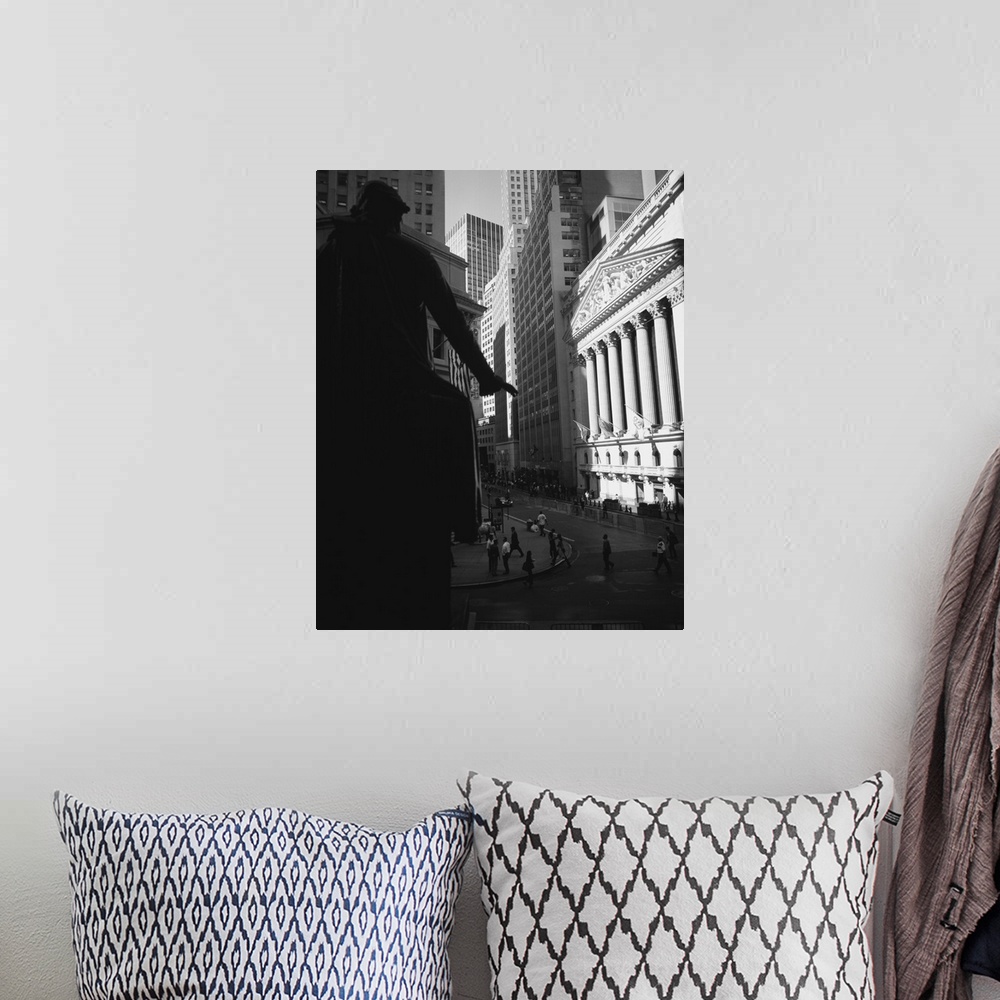 A bohemian room featuring Vertical photograph on a large wall hanging of a street view of New York City, including the New ...