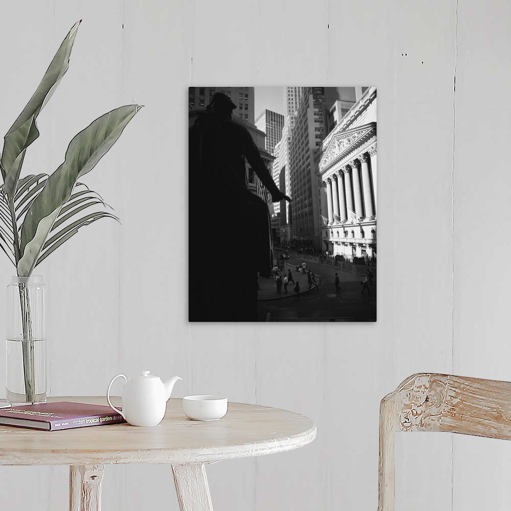 A farmhouse room featuring Vertical photograph on a large wall hanging of a street view of New York City, including the New ...