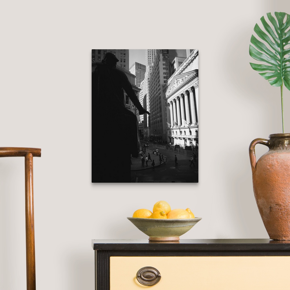 A traditional room featuring Vertical photograph on a large wall hanging of a street view of New York City, including the New ...