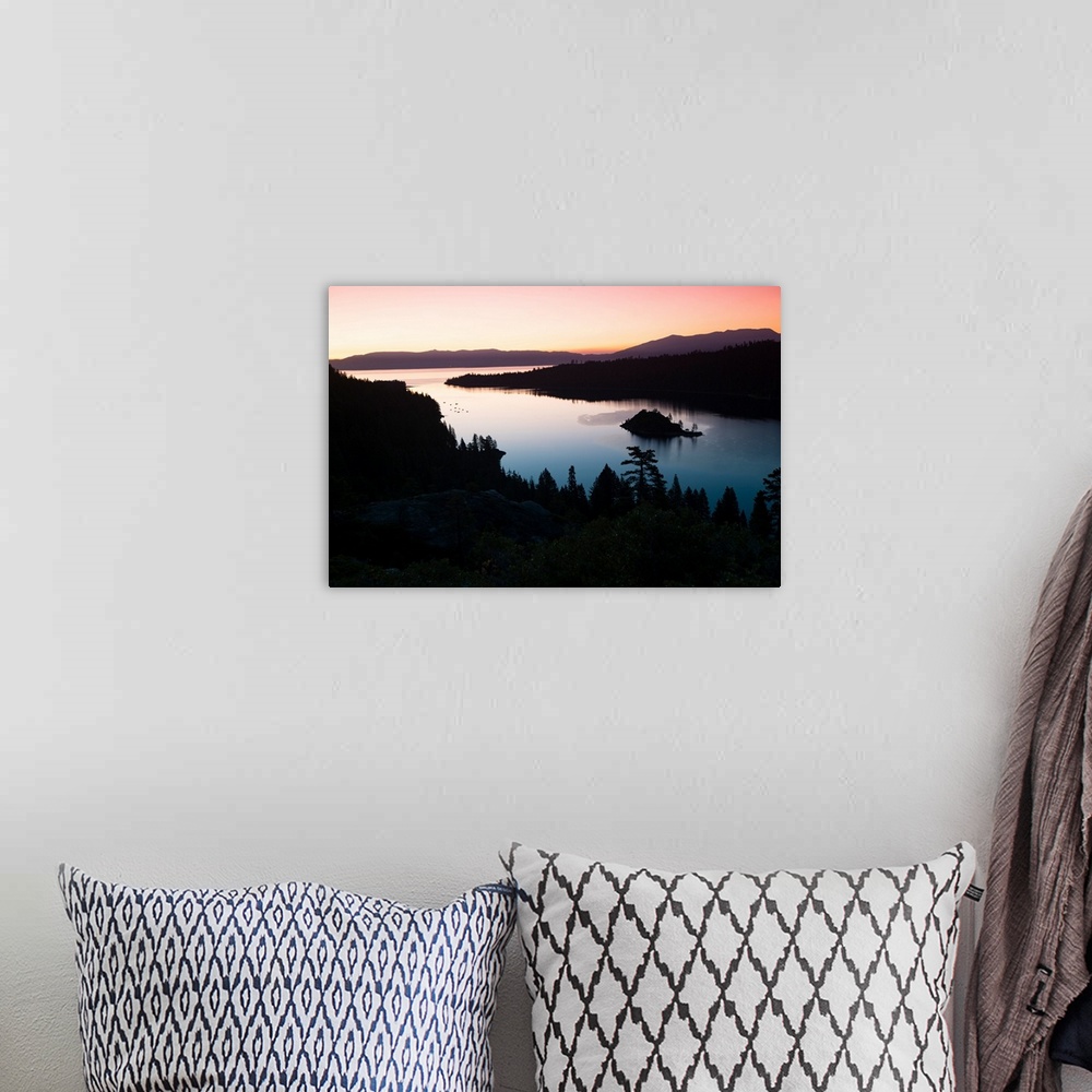 A bohemian room featuring Silhouette of island in a lake, Fannette Island, Emerald Bay, Lake Tahoe, California, USA