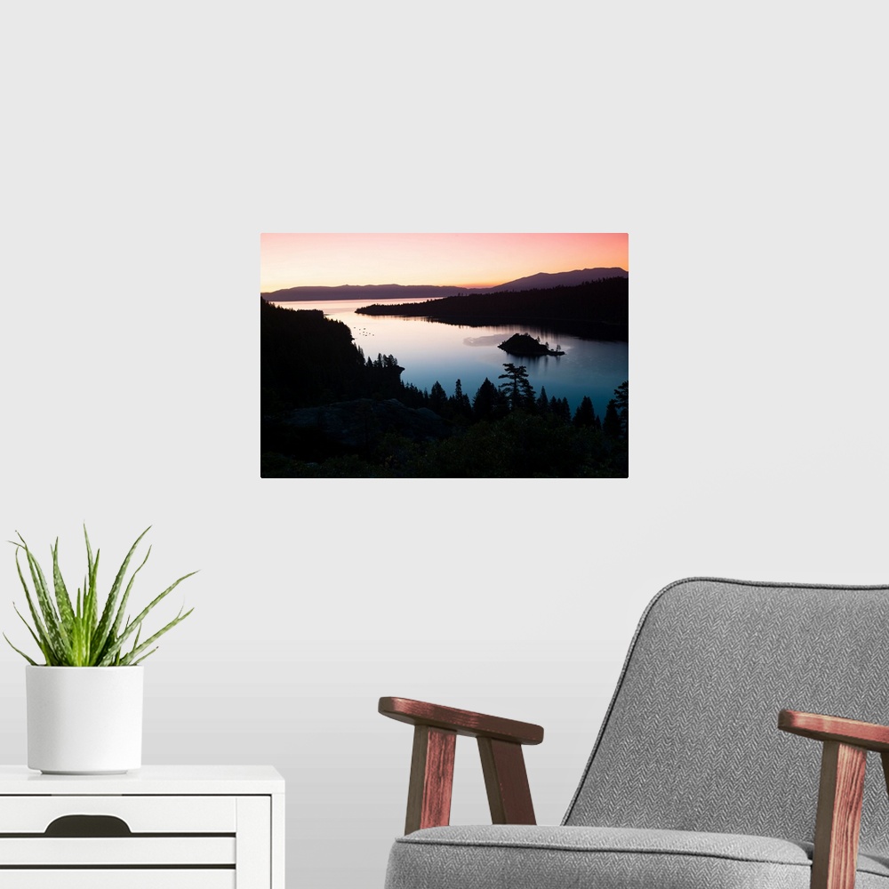 A modern room featuring Silhouette of island in a lake, Fannette Island, Emerald Bay, Lake Tahoe, California, USA