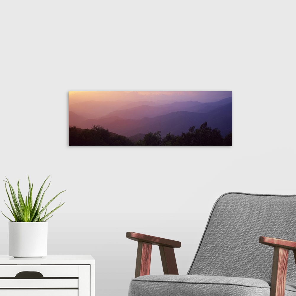 A modern room featuring Silhouette of mountains at dusk, Blue Ridge Parkway, North Carolina,