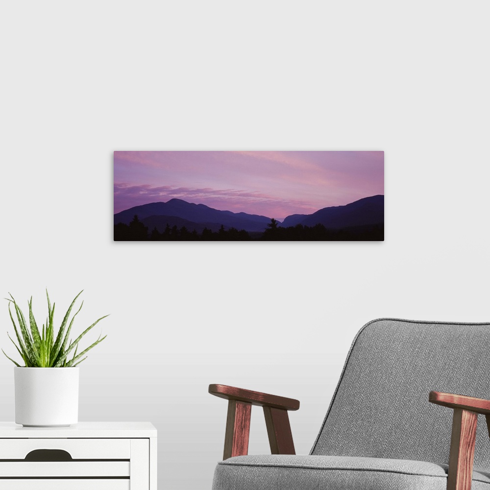 A modern room featuring Silhouette of mountains at dusk, Lake Placid, Adirondack Mountains, New York State