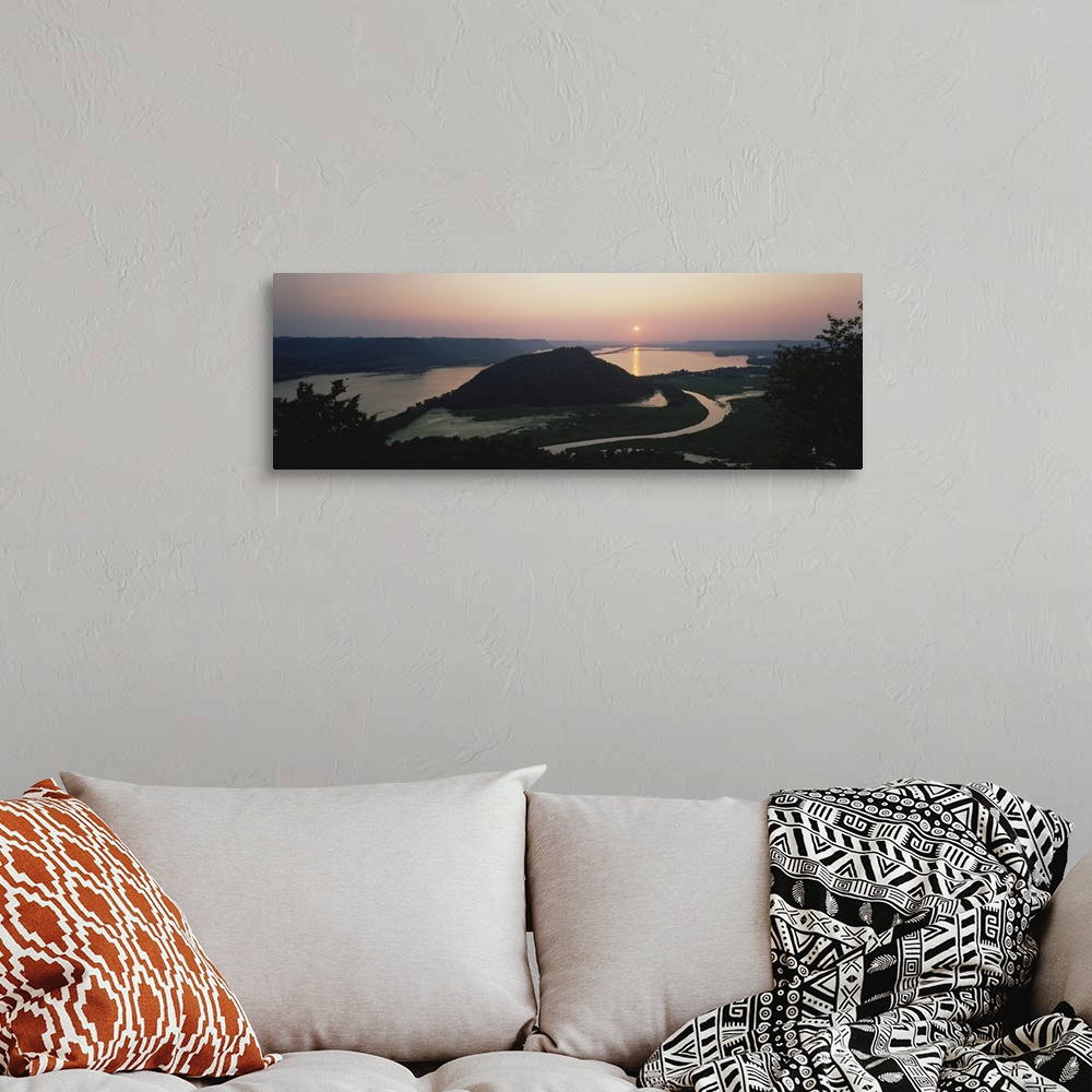 A bohemian room featuring Silhouette of mountains at dusk, Trempealeau Mountain, Mississippi River, Minnesota
