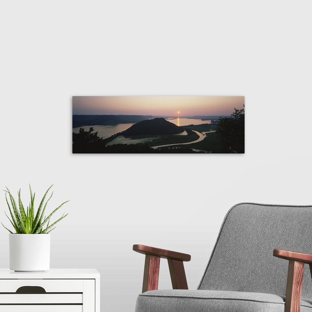 A modern room featuring Silhouette of mountains at dusk, Trempealeau Mountain, Mississippi River, Minnesota