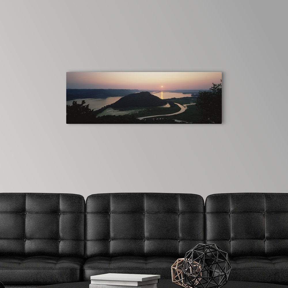 A modern room featuring Silhouette of mountains at dusk, Trempealeau Mountain, Mississippi River, Minnesota