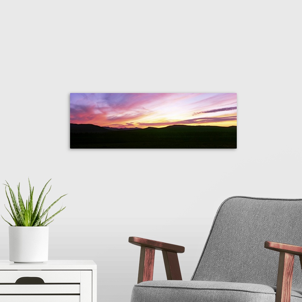 A modern room featuring Silhouette of mountains at sunset, Lake Placid, Adirondack Mountains, New York State