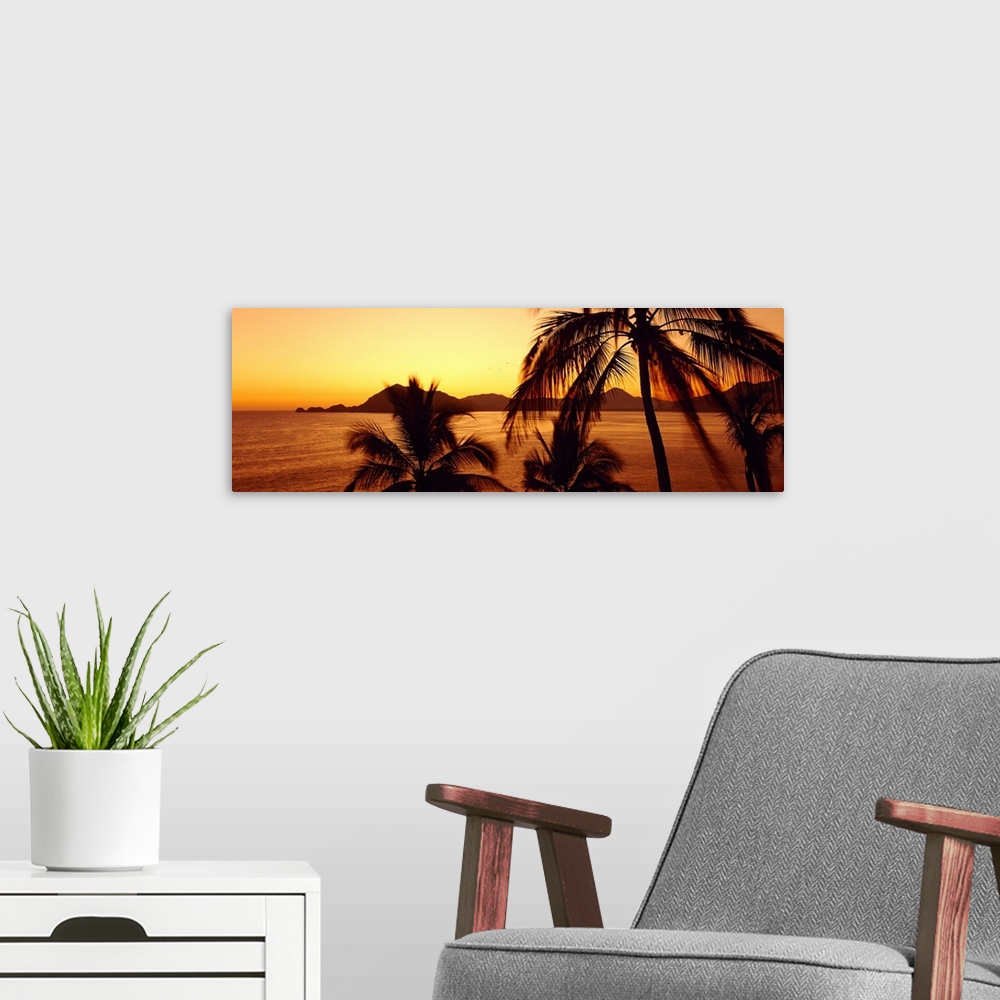 A modern room featuring Palm trees stand on the edge of the ocean as the sun sets behind the Mexican hills.