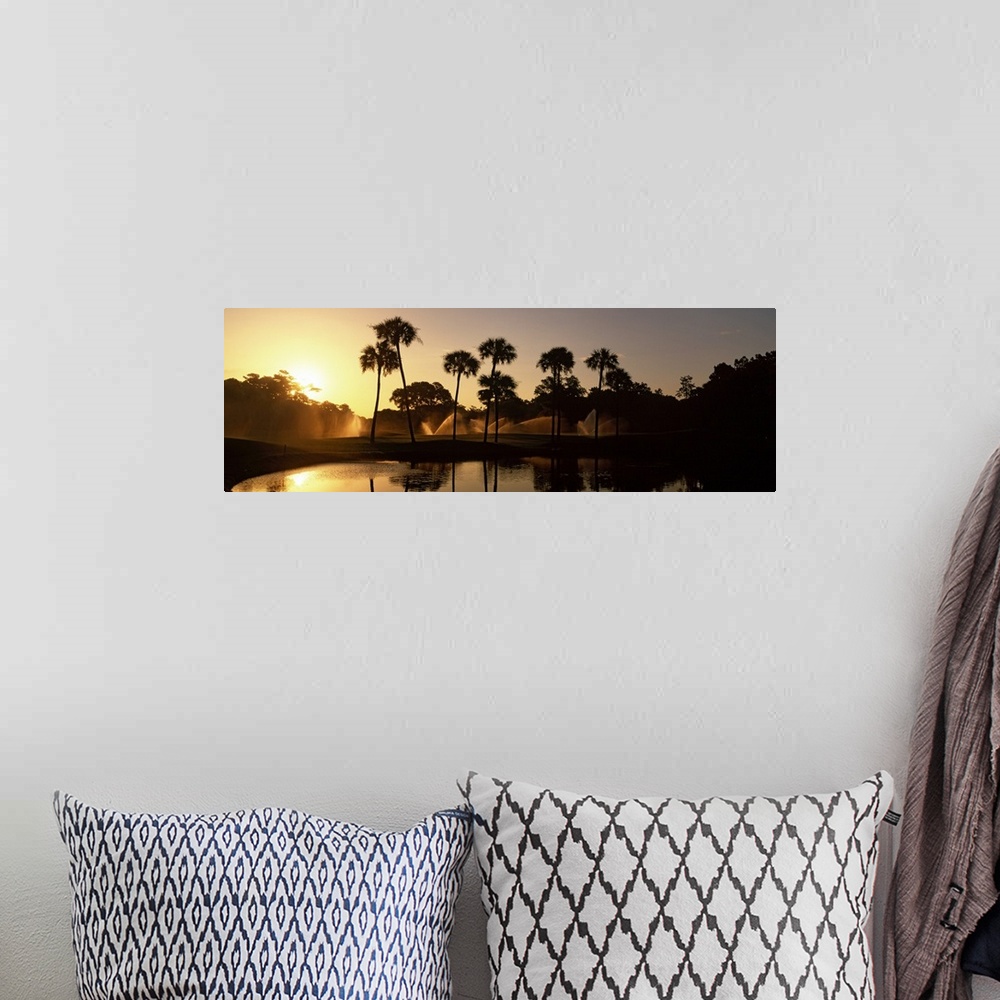 A bohemian room featuring Panoramic wall art of palm trees on a golf course silhouetted against a rising sun with sprinkler...